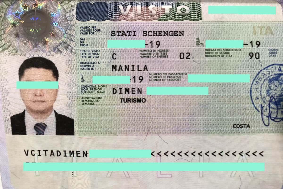 Schengen Visa sticker example in passport with details like name, visa type, and validity dates.